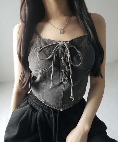 【 ２color 】レースアップリボンコルセットデニムビスチェ ／ lace up ribbon corset denim bustier