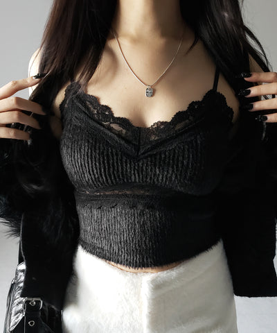 【 カップ付き 】ダブルレースシャギーファーショートビスチェキャミソール ／ double lace shaggy fur short bustier camisole
