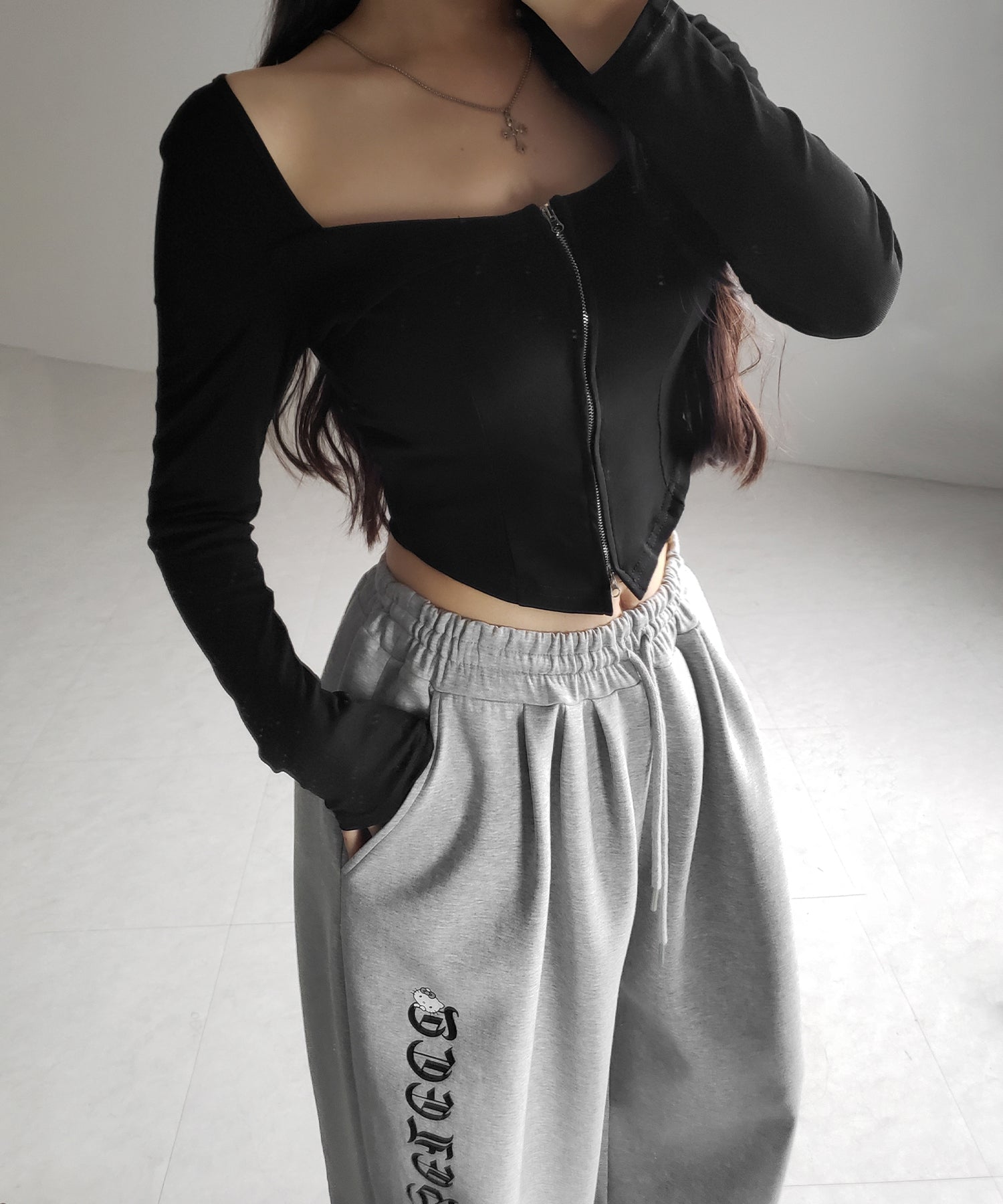【 ２color 】ダブルジップコルセットスクエアネックロンＴ ／ double zip corset square neck longsleeve T-Shirt