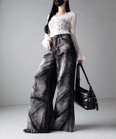 【 ４size 】CRACKクラッシュヘビーブリーチブラックワイドデニム ／ CRACK crash heavy bleach black wide denim