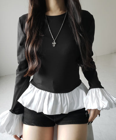 【 ２color 】裾バルーンフリルカットソートップス ／ hem balloon frill cutsew tops