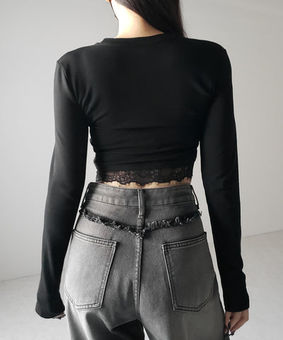 【 裏起毛 】裾レースドッキングショートＴシャツ ／ hem lace docking short Tee