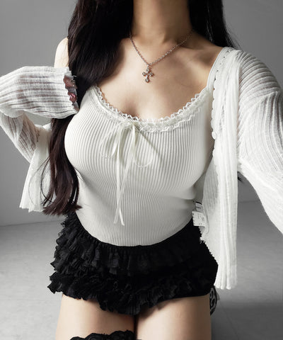 【 ２点セット 】レースリボンニットキャミソール ＋ シアーリブニットカーディガン ／ lace ribbon knit camisole ＋ sheer lib knit cardigan