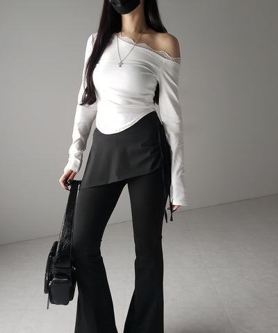 【 ２color 】ワンショルダーレースポイントスリムカットソートップス ／ one shoulder lace point slim cutsew tops