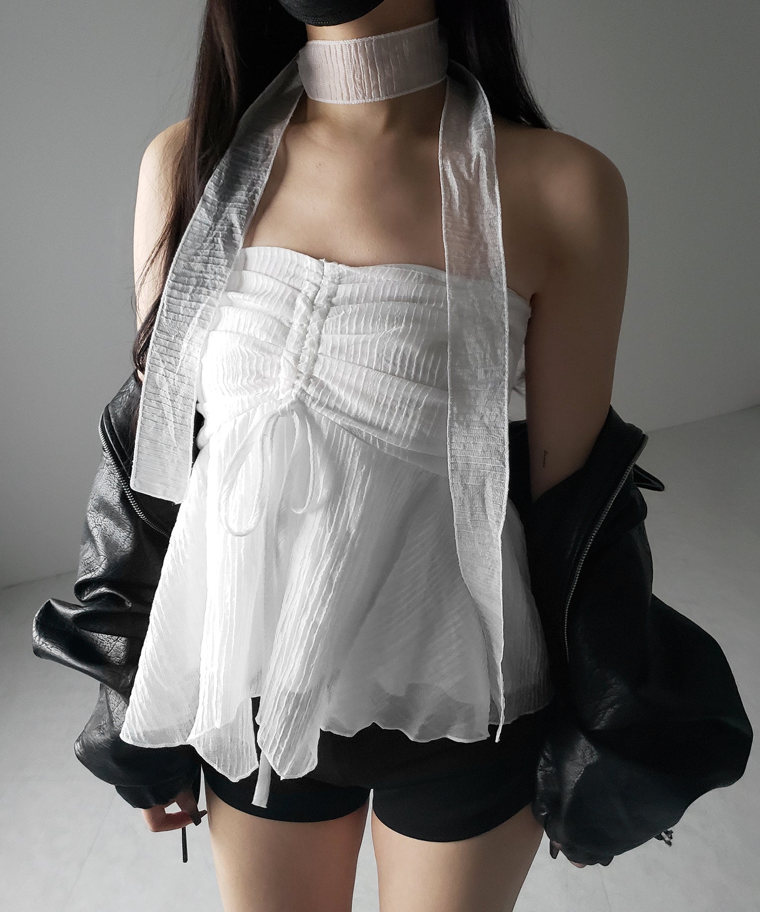 【 チョーカータイ付 】シャーリングリボンペプラムシフォンビスチェトップス ／ choker tie set shirring ribbon peplum chiffon bustier tops