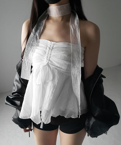 【 チョーカータイ付 】シャーリングリボンペプラムシフォンビスチェトップス ／ choker tie set shirring ribbon peplum chiffon bustier tops