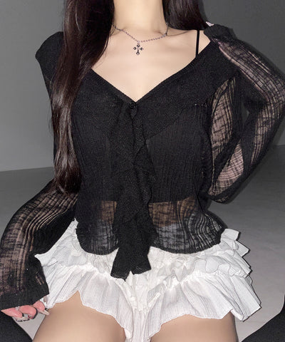 フリルシアールーズニットカーディガン ／ frill sheer loose knit cardigan
