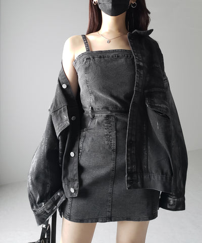 【 ２color 】ウォッシュデニムハイウエストミニキャミワンピース ／ wash denim high waist mini cami onepiece