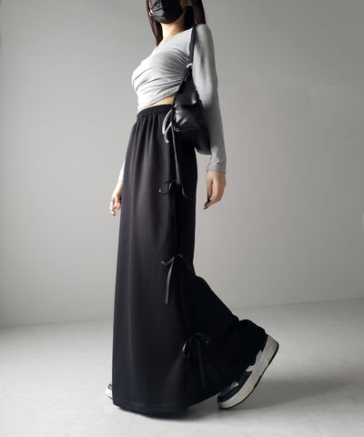 【 ２color 】３ストラップサイドリボンロングスウェットスカート／ three strap side ribbon long sweat skirt