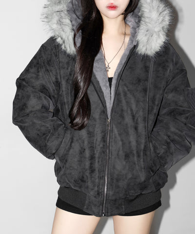 ファーフードヴィンテージフェイクレザーオーバーブルゾン ／ fur hooded vintage fake leather over blouson
