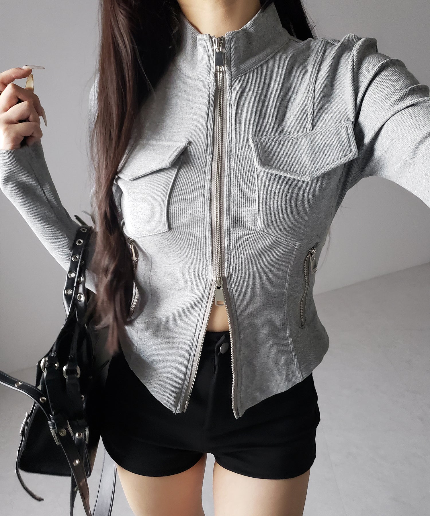 アウトポケットダブルジップスリムリブトップス ／ out pocket double zip slim ribbed tops