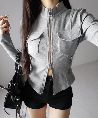 アウトポケットダブルジップスリムリブトップス ／ out pocket double zip slim ribbed tops