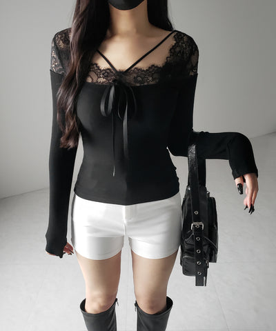 【 ２color 】クロスストラップレース切替リブトップス ／ cross strap lace switching ribbed tops