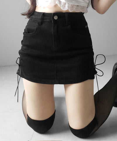 レースアップストレッチデニムミニスカパン ／ lace up stretch denim mini skirt pants