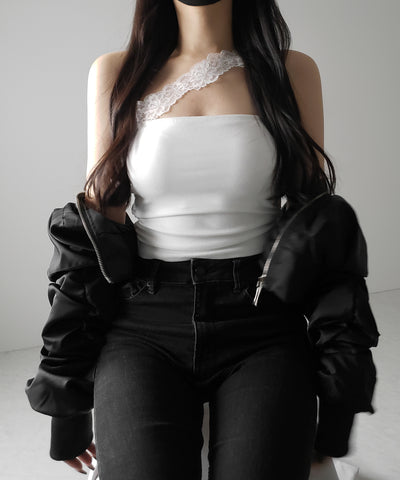 【 ２color ／ カップ付 】ナナメレーススクエアキャミソール ／ naname lace square camisole