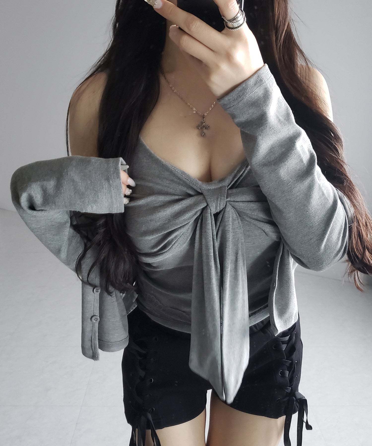 【 ２点セット 】リボンカットソーキャミソール ＋ カーディガンセット ／ribbon cutsew camisole + cardigan SET