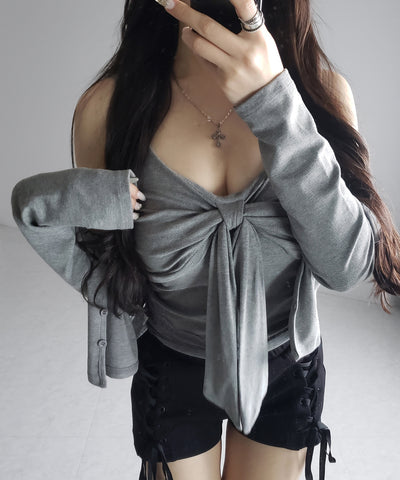【 ２点セット 】リボンカットソーキャミソール ＋ カーディガンセット ／ribbon cutsew camisole + cardigan SET