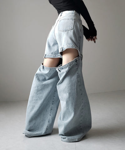 【 選べる３サイズ 】バックオープンカットアウトウォッシュワイドデニム ／ Back open cutout washed wide denim