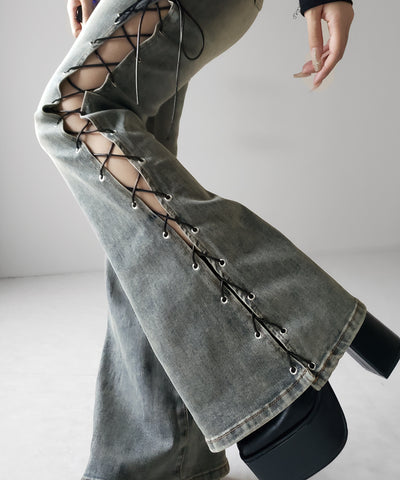 レースアップカットアウトストレッチフレアデニム ／ lace up cutout stretch flare denim