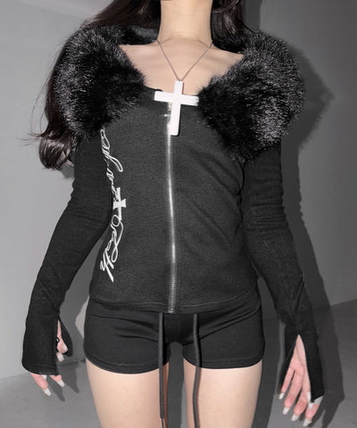 ファー襟クロスロゴジップアップリブカーディガン ／ fur collar cross logo zipup rib cardigan