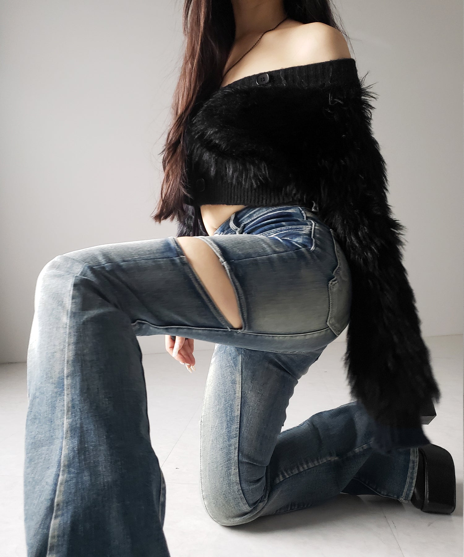 【 ２color ／ ３size 】カットアウトヴィンテージストレッチフレアデニム ／ cutout vintage stretch flare denim