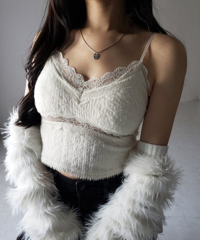 【 カップ付き 】ダブルレースシャギーファーショートビスチェキャミソール ／ double lace shaggy fur short bustier camisole