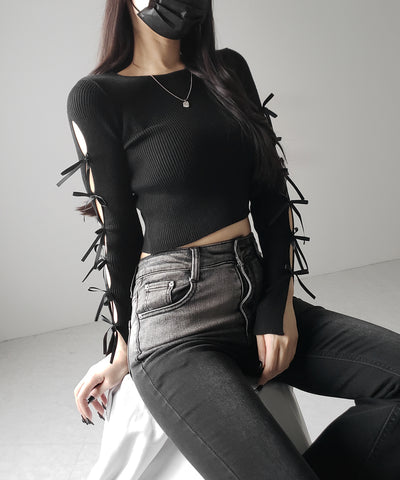 【 ２color 】カットアウトリボンショートリブニット ／ cut out ribbon short rib knit