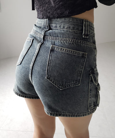 【 ３size ／ ２color 】ダブルポケットヴィンテージカーゴデニムミニスカパン ／ double pocket vintage cargo denim mini skirt pants
