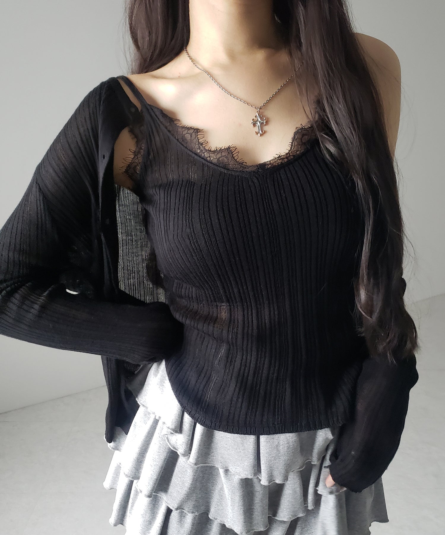 【 ２点セット 】レースニットキャミソール ＋ シアーニットカーディガン SET ／ lace knit camisole + sheer knit cardigan SET