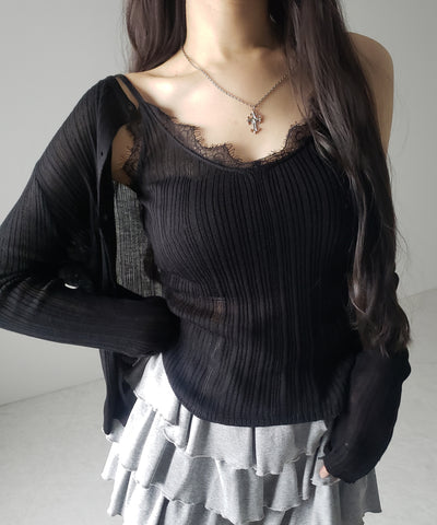 【 ２点セット 】レースニットキャミソール ＋ シアーニットカーディガン SET ／ lace knit camisole + sheer knit cardigan SET