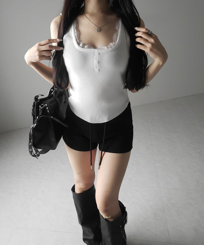【 ２color 】スクエアネックレースニットタンクトップ ／square neck lace knit tank top