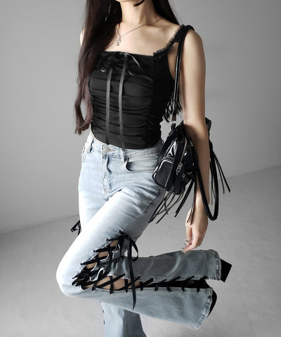 シャーリングギャザーフロントリボンキャミソール ／ shirring gather front ribbon camisole