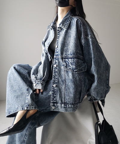 【 デニムセットアップ着用可能 】ヴィンテージケミカルブリーチタックダメージワイドデニム ／ vintage chemical bleach tuck damage wide denim