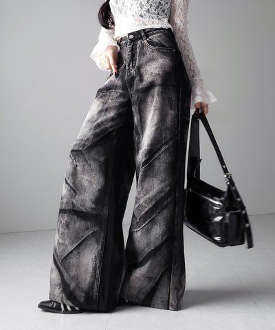 【 ４size 】CRACKクラッシュヘビーブリーチブラックワイドデニム ／ CRACK crash heavy bleach black wide denim