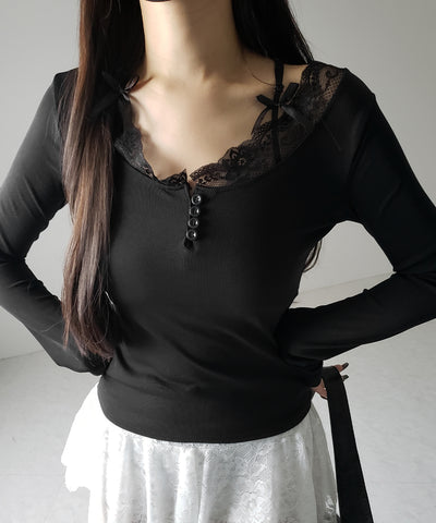 【 ２color 】ストラップダブルリボンレースカットソートップス ／ strap double ribbon lace cutsew tops