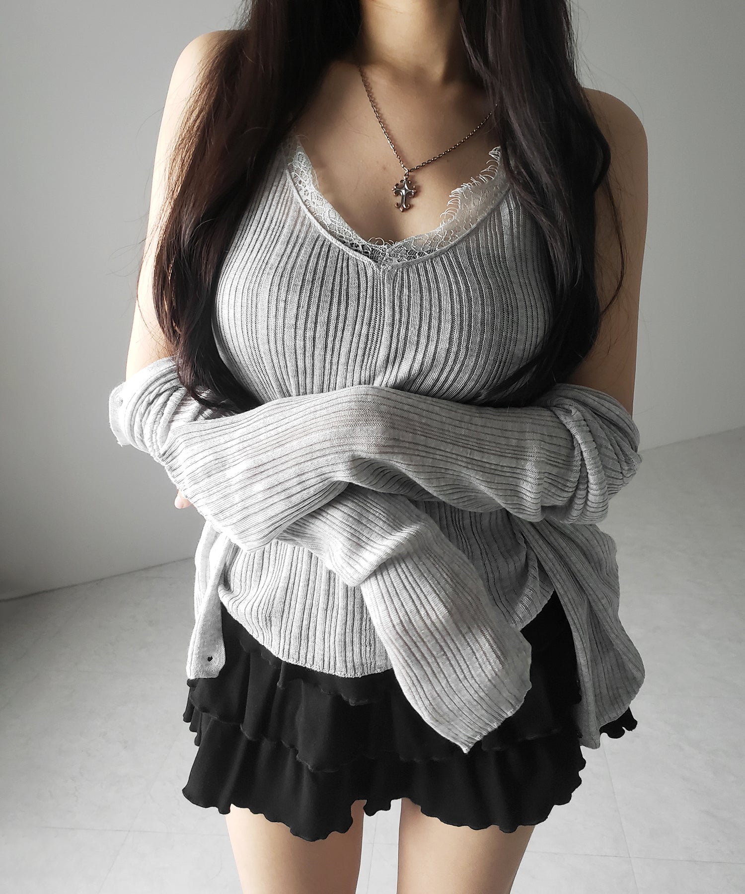 【 ２点セット 】レースニットキャミソール ＋ シアーニットカーディガン SET ／ lace knit camisole + sheer knit cardigan SET