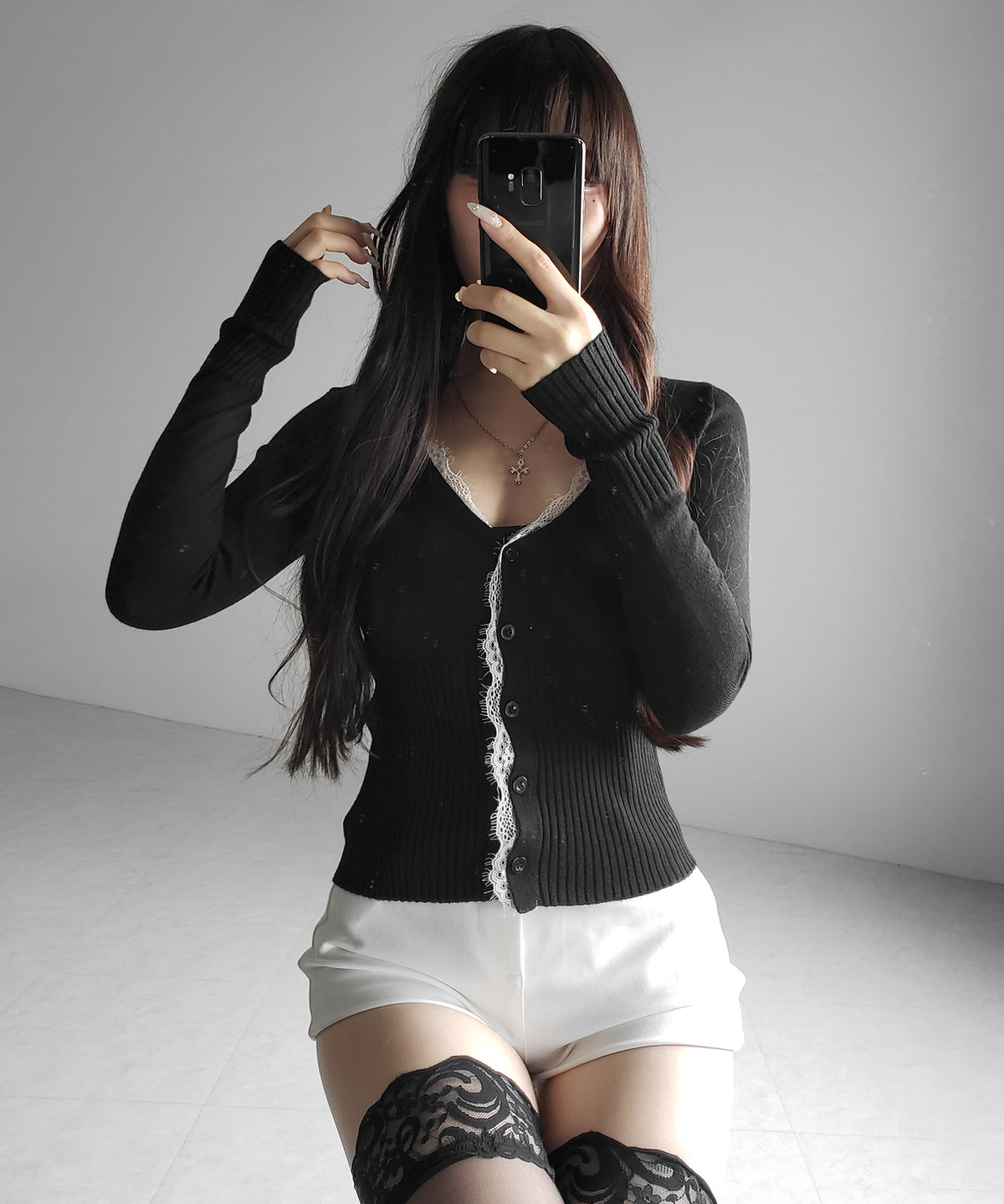 レースドッキングウエストリブ長袖ニットカーディガン ／ lace docking waist lib longsleeve knit cardigan