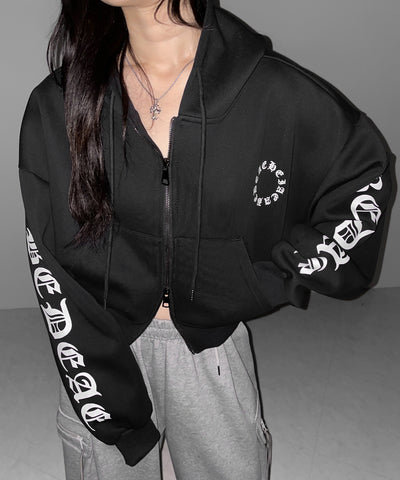 グランジロゴダブルジップショートパーカー ／ grunge logo double zip short hoodie