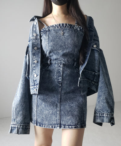 【 セットアップ着用可能 】ヴィンテージケミカルブリーチストラップデニムキャミワンピース ／ vintage chemical bleach strap denim cami onepiece