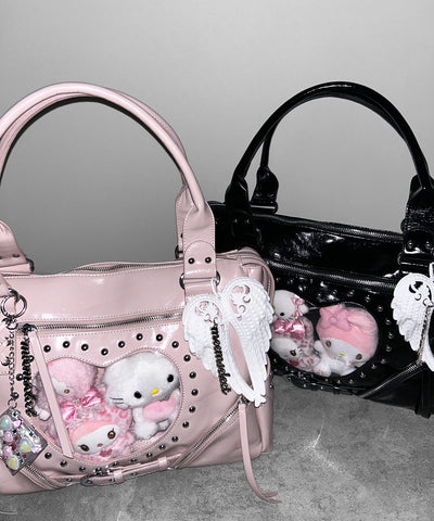 【 限定先行販売 】ハートクリアポケットスタッズフェイクレザートートバッグ ／ heart clear pocket studs fake leather tote bag