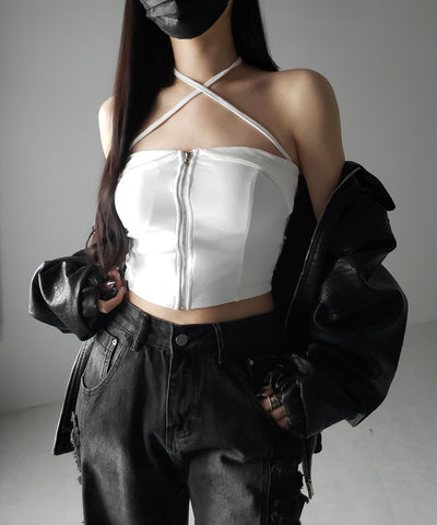 【 ２WAY／ カップ付 】ジップアップクロスストラップリボンベアトップス ／ zip up cross strap ribbon bare tops