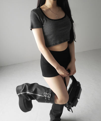 【 ２color 】ピンボーダースクエアネックショートＴシャツ ／ pin border square neck short T-shirt