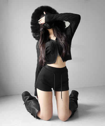 ファーフーディダブルジップショートニットパーカー ／ Fur hooded double zip short knit hoodie