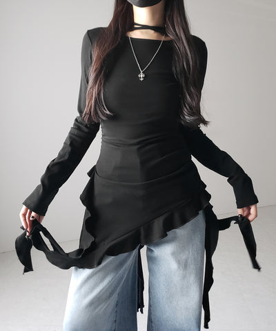 【 ３color 】クロスチョーカーアシンメトリーラッフルフリルトップス ／ cross choker asymmetry ruffle frill tops