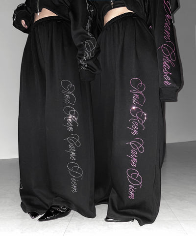 【 セットアップ可能 】ラインストーンロゴワイドスウェットパンツ ／ Rhine stone logo wide sweatpants