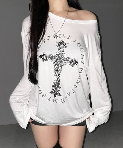 【 ワンショルにできる２ｗａｙ 】クロスロゴプリントワンショルルーズシアーＴシャツ ／ 2WAY cross logo print one shoulder loose sheer T-shirt