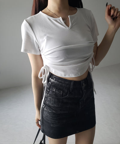 【 ２color 】サイドシャーリングリボン半袖ショートＴシャツ ／ side shirring ribbon short Tee