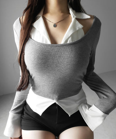 カットアウトフェイクレイヤード長袖Ｔシャツ ／ shirts like cutout fake layered long sleeve T-Shirt