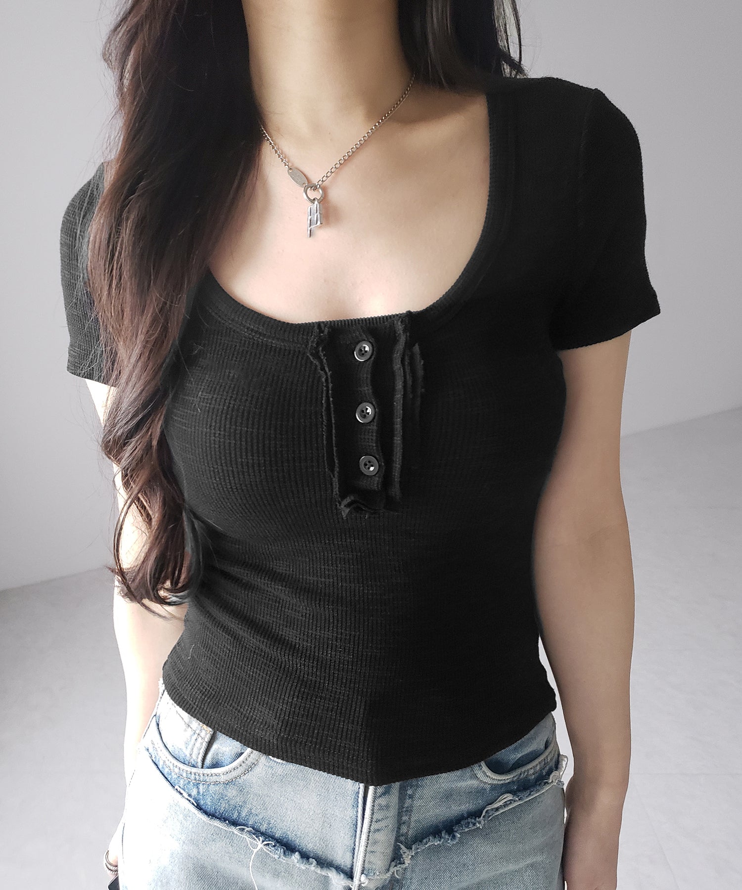 スクエアヘンリーネック半袖ピチＴシャツ ／square henley neck short sleeve pichi T-Shirt