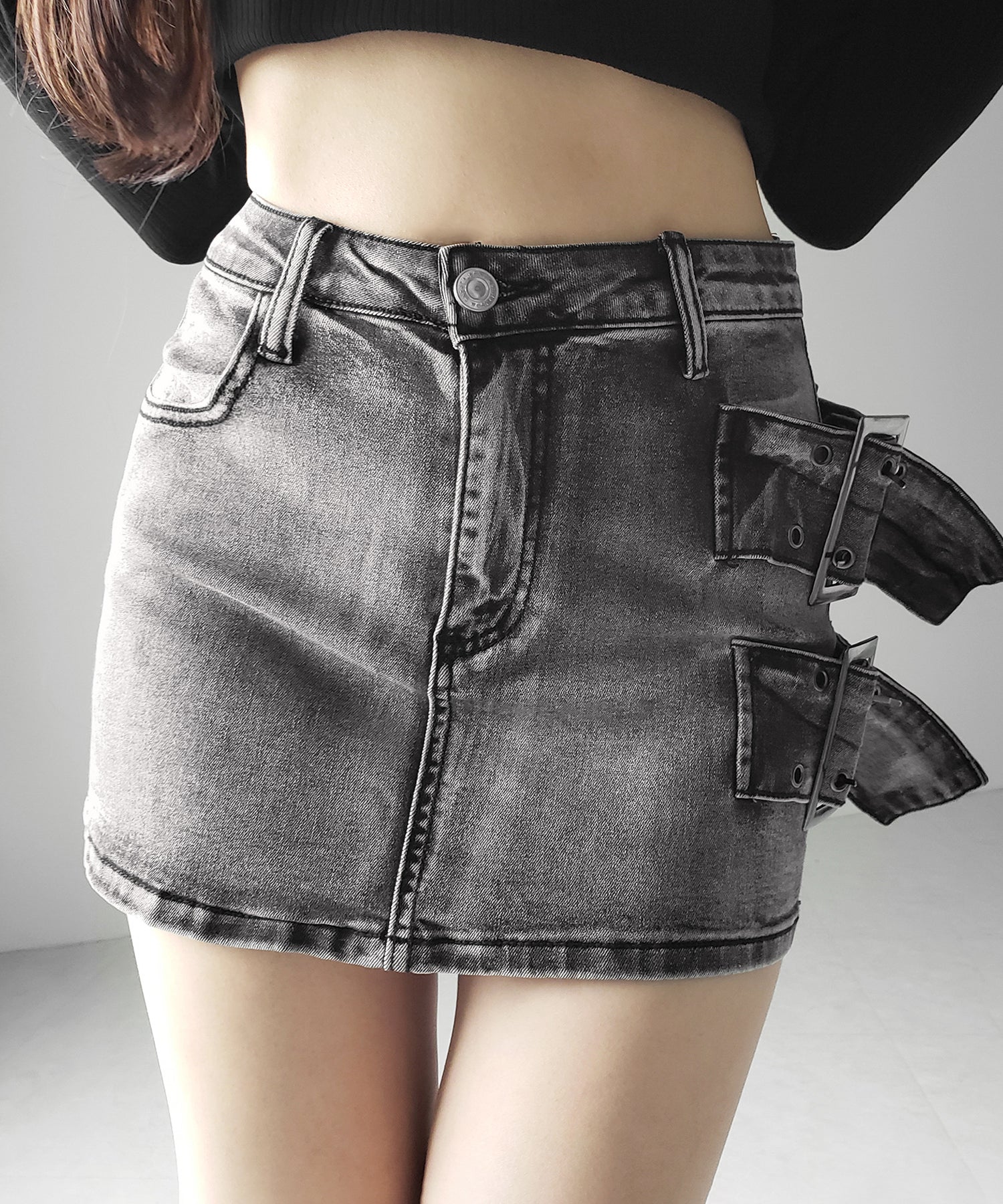 【 インパン裏地付 】ダブルハトメベルトヴィンテージデニムミニスカート ／ Double eyelet belt vintage denim mini skirt